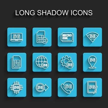 Set line Processor 5G, network, Laptop with, Phone, Graphic tablet, Location and Illustrazione stock