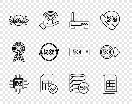 Set line Processor 5G, Sim card, Router and wi-fi signal, network, Server a.. Stock Illustration
