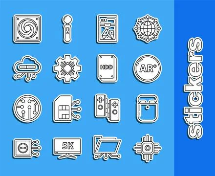 Set line Processor, Air headphones in box, Ar, augmented reality, 3D printer Stock Illustration