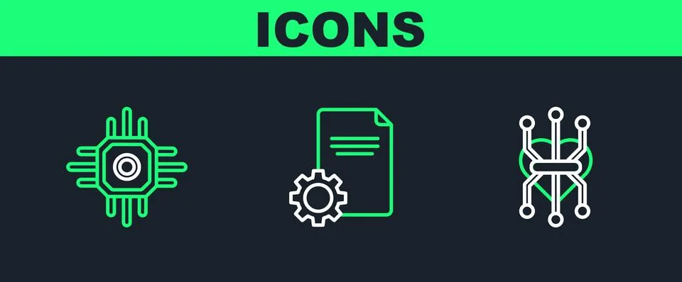 Set line Processor,  and File document icon. Vector Stock Illustration