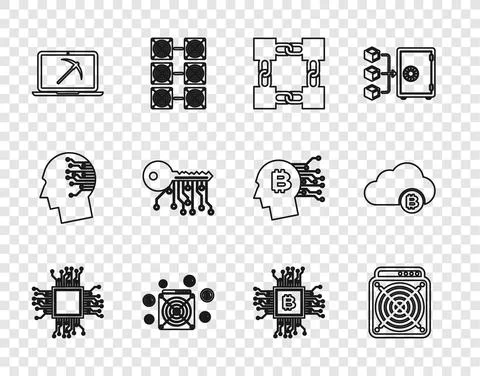 Set line Processor, ASIC Miner, Blockchain technology, Mining with laptop and Illustrazione stock