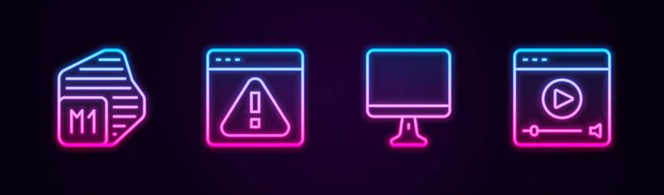 Set line Processor, Browser with exclamation mark, Computer monitor screen and Illustrazione stock