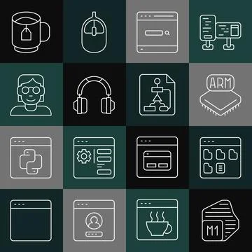 Set line Processor, Browser files, Search engine, Headphones, Hacker coder, C Stock Illustration