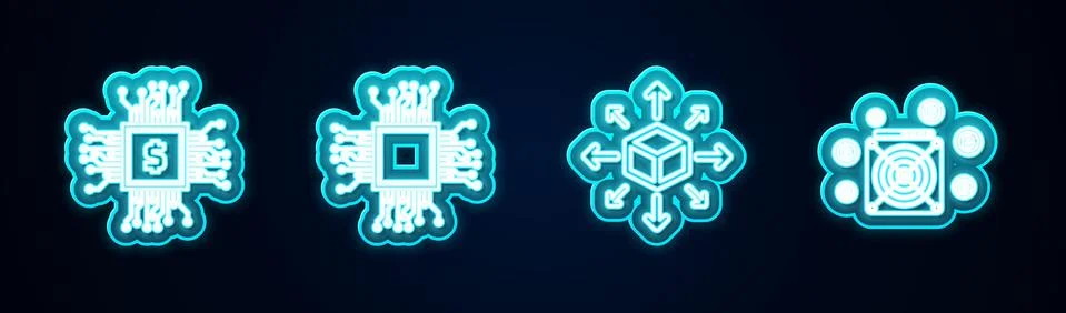 Set line Processor chip with dollar, , Distribution and ASIC Miner. Glowing neon Stock Illustration
