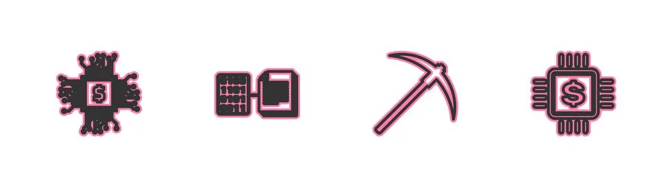 Set line Processor chip with dollar, Pickaxe, Smart contract and icon. Vector Stockillustratie