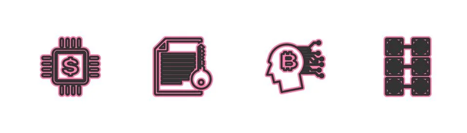 Set line Processor chip with dollar, Bitcoin think, Smart contract and Mining Illustrazione stock