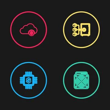 Set line Processor chip with dollar, ASIC Miner, Proof of stake and Stockillustratie
