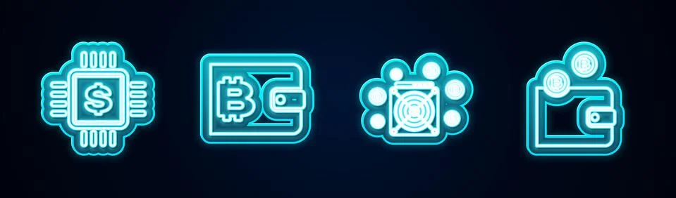 Set line Processor chip with dollar, Cryptocurrency wallet, ASIC Miner and Stock Illustration