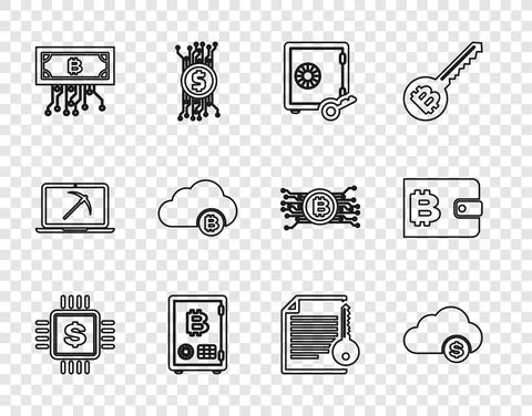 Set line Processor chip with dollar, Cryptocurrency cloud mining, Proof of stake Stock Illustration