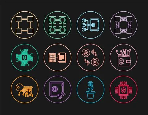 Set line Processor chip with dollar, Cryptocurrency wallet, Proof of stake 스톡 일러스트