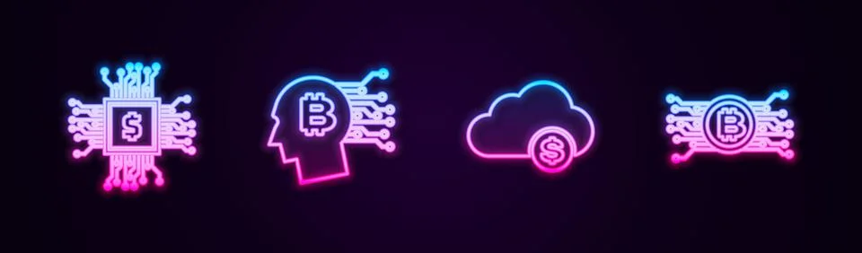 Set line Processor chip with dollar, Bitcoin think, Cryptocurrency cloud mining Stock Illustration