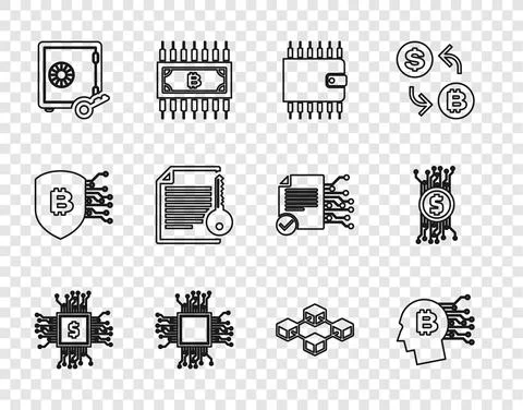 Set line Processor chip with dollar, Bitcoin think, Cryptocurrency wallet, Proof Stock Illustration
