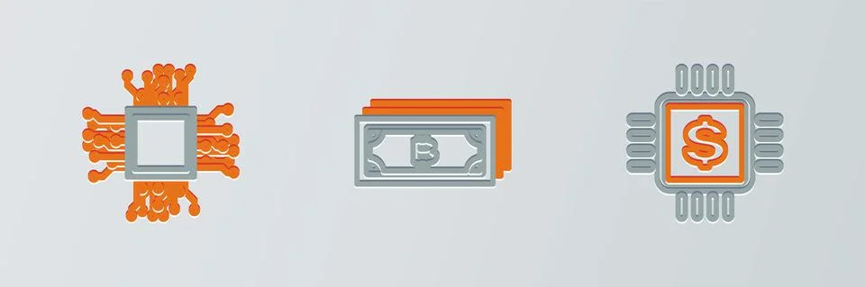 Set line Processor chip with dollar, Brain as digital circuit board and Illustrazione stock