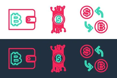 Set line Processor chip with dollar, Cryptocurrency wallet and bitcoin in Stock Illustration