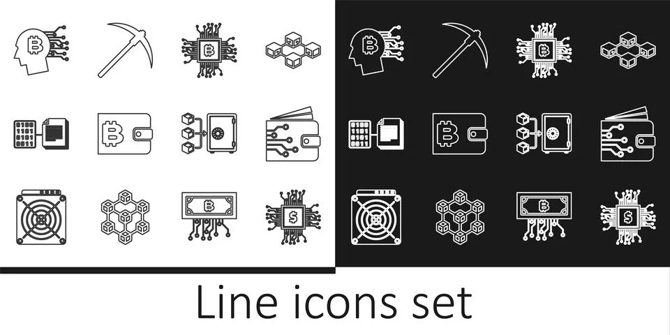 Set line Processor chip with dollar, Cryptocurrency wallet, CPU mining farm.. Illustrazione stock