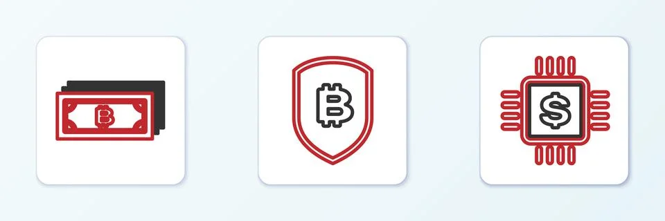 Set line Processor chip with dollar, Cryptocurrency bitcoin and Shield icon.. Illustrazione stock