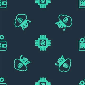 Set line Processor chip with dollar, Cryptocurrency cloud mining and Proof of Illustrazione stock