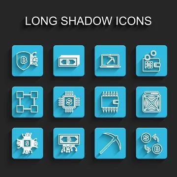 Set line Processor chip with dollar, Cryptocurrency bitcoin circuit, Shield.. Illustrazione stock