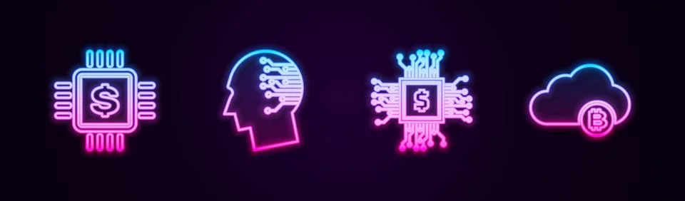Set line Processor chip with dollar, Brain as digital circuit board,  and Cry Stockillustratie