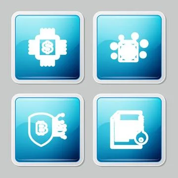 Set line Processor chip with dollar, ASIC Miner, Shield bitcoin and Smart con Stock Illustration
