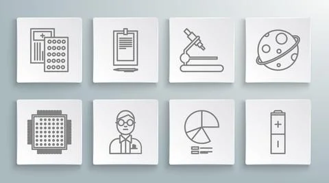 Set line Processor, Clipboard with document, Scientist, Pie chart infographic Stock Illustration