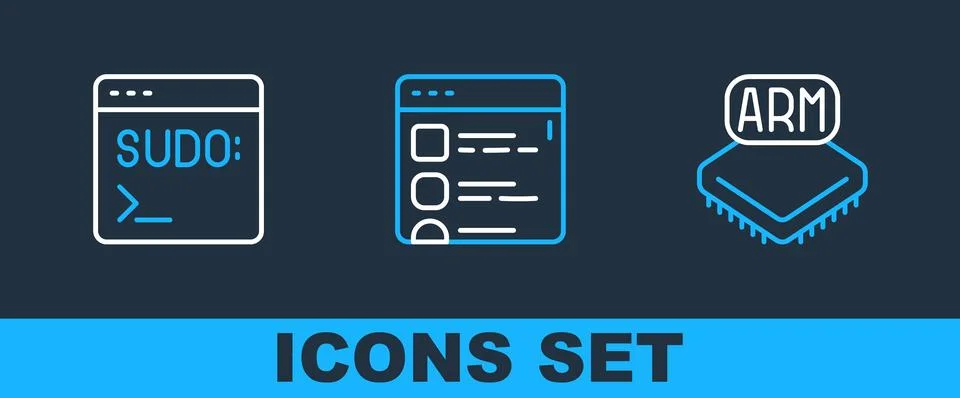 Set line Processor, Code terminal and Browser files icon. Vector Illustrazione stock