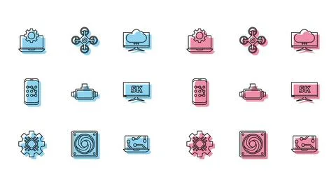 Set line Processor, Computer cooler, Laptop and gear, Virtual reality glasses Illustrazione stock