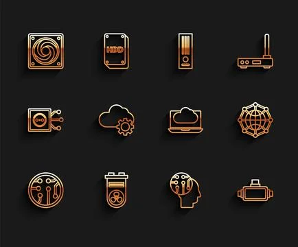 Set line Processor, Computer cooler, Human brain as digital circuit board, Vi Illustrazione stock