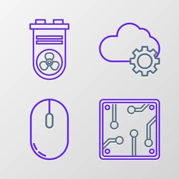 Set line Processor, Computer mouse, Cloud technology data transfer and storage 스톡 일러스트