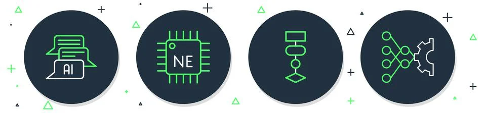 Set line Processor CPU, Algorithm, Chat bot and Neural network icon. Vector 库存插图