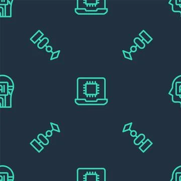 Set line Processor CPU, Algorithm and Humanoid robot on seamless pattern. V.. Stockillustratie