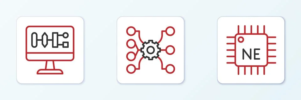 Set line Processor CPU, Algorithm and Neural network icon. Vector Stock-Illustration