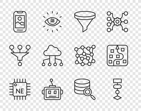 Set line Processor CPU, Algorithm, Funnel filter, Artificial intelligence r.. 库存插图