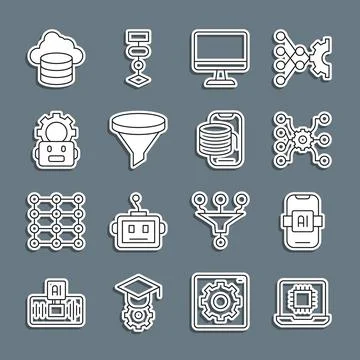 Set line Processor CPU, Artificial intelligence AI, Neural network, Computer Stock Illustration