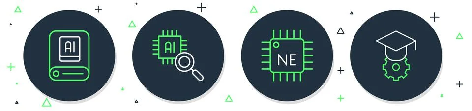 Set line Processor CPU, Artificial intelligence AI and Graduation cap icon... Stock Illustration