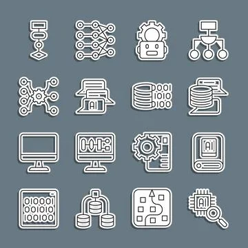 Set line Processor CPU, Artificial intelligence AI, Server, Data, Robot set.. Illustrazione stock