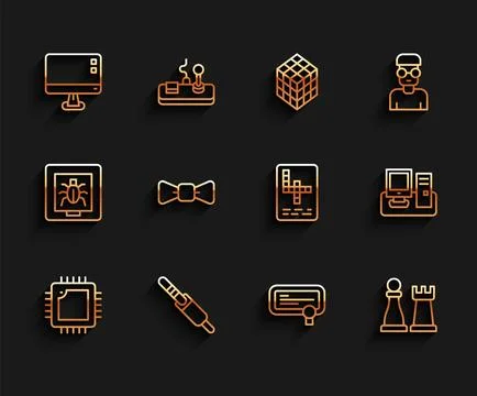 Set line Processor with CPU, Audio jack, Computer monitor screen, Certificate Stock Illustration