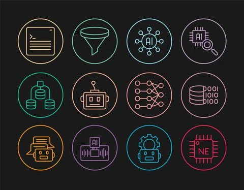Set line Processor CPU, Binary code, Neural network, Artificial intelligence Stock Illustration