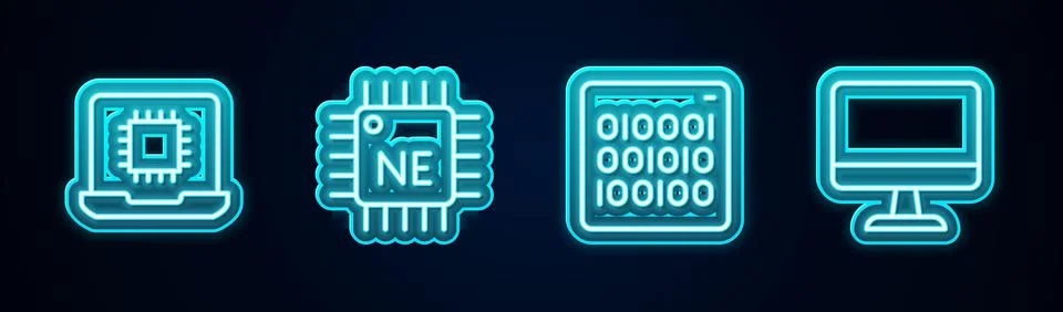 Set line Processor CPU, Binary code and Computer monitor. Glowing neon icon Stock Illustration
