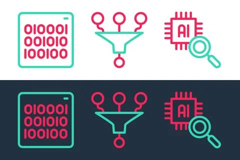 Set line Processor CPU, Binary code and Funnel filter icon. Vector Stock Illustration