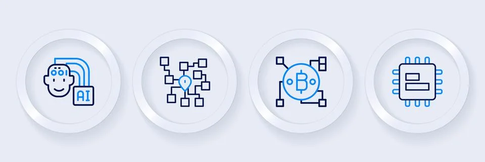 Set line Processor CPU, Blockchain technology Bitcoin, Neural network and H.. Stock Illustration