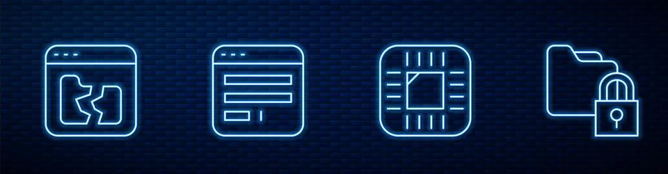 Set line Processor with CPU, Broken file, Browser window and Folder and lock Illustrazione stock