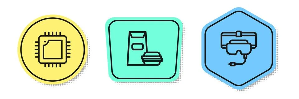Set line Processor with CPU, Burger and Virtual reality glasses. Colored shapes 스톡 일러스트