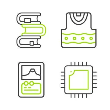 Set line Processor with CPU, Card game, Waistcoat and Book icon. Vector Illustrazione stock