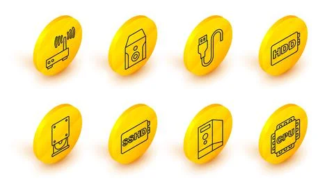 Set line Processor with CPU, Case of computer, SSHD card, Optical disc drive 스톡 일러스트