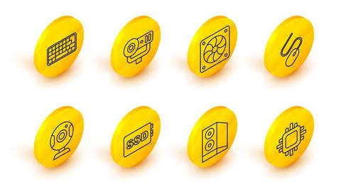 Set line Processor with CPU, Case of computer, SSD card, Web camera, Computer 스톡 일러스트