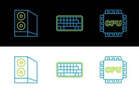 Set line Processor with CPU, Case of computer and Keyboard icon. Vector Stock Illustration