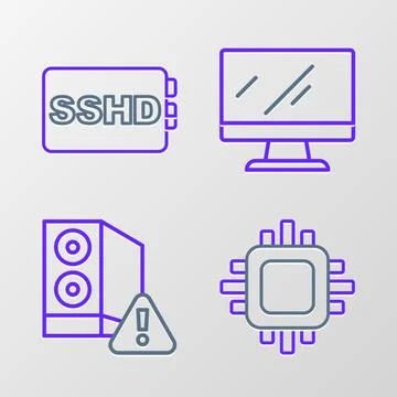 Set line Processor with CPU, Case of computer, Computer monitor screen and .. Stock Illustration