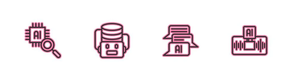 Set line Processor CPU, Chat bot, Artificial intelligence robot and AI icon Illustrazione stock