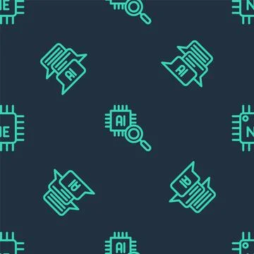 Set line Processor CPU, Chat bot and  on seamless pattern. Vector Illustrazione stock